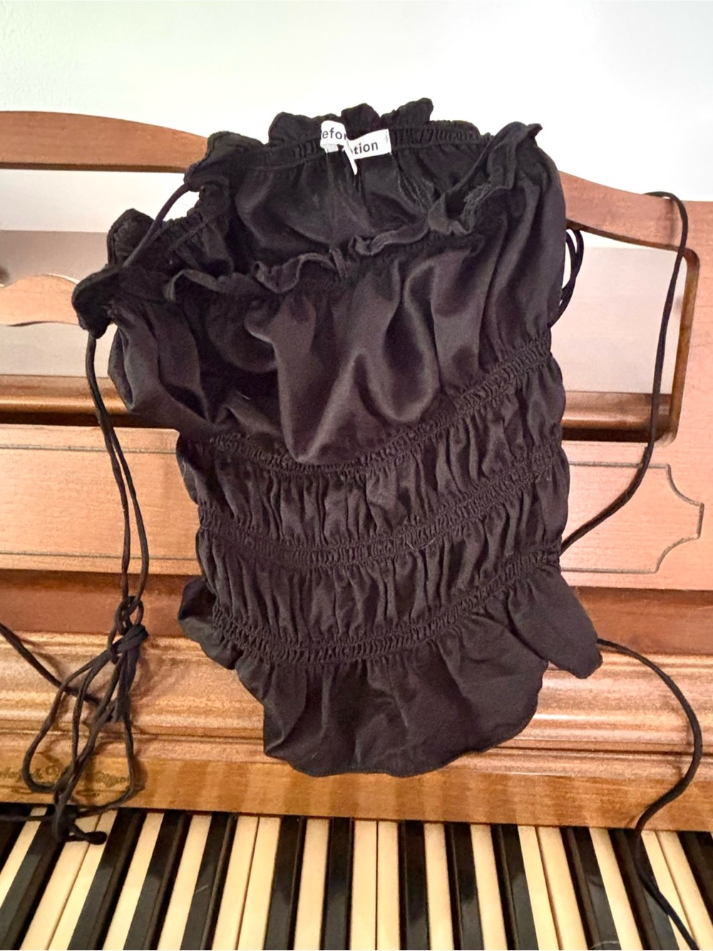 Reformation Black Satin Ruched Crop Top